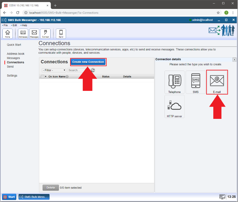 creating an e-mail type connection