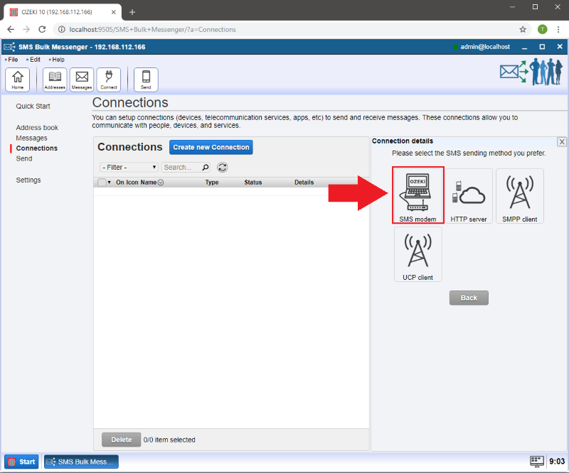 choose sms modem connection