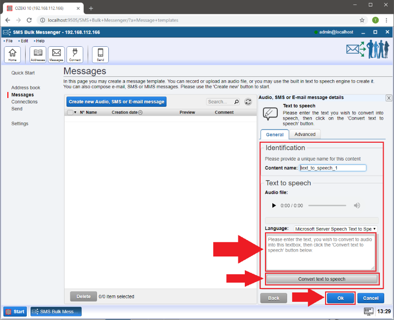 creating a voicemessage by converting text to speech