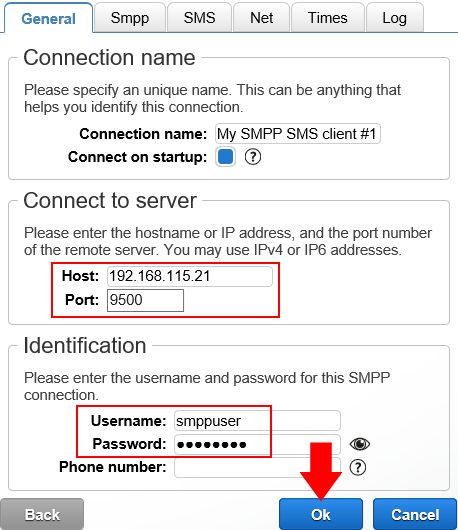 the smpp server login details are filled in