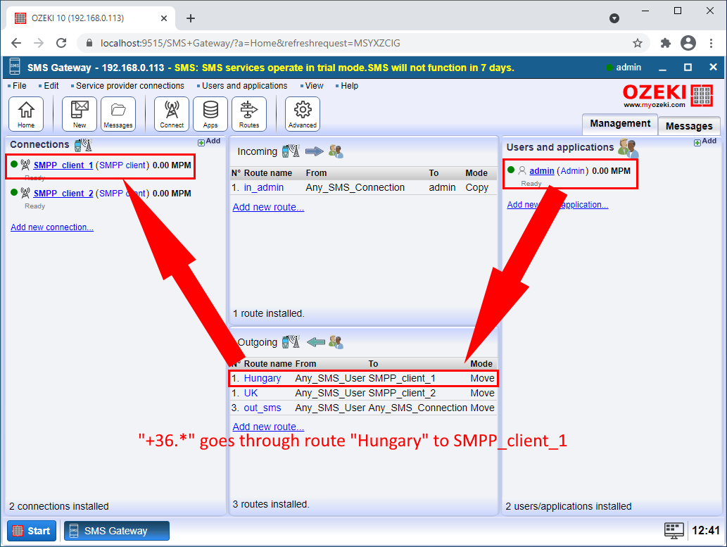 '+36.*' goes through route 'hungary' to smpp_client_1