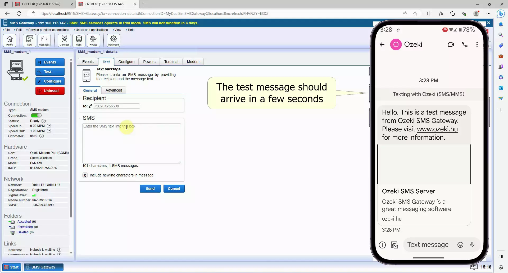 ozeki bulk sms modem software check test message